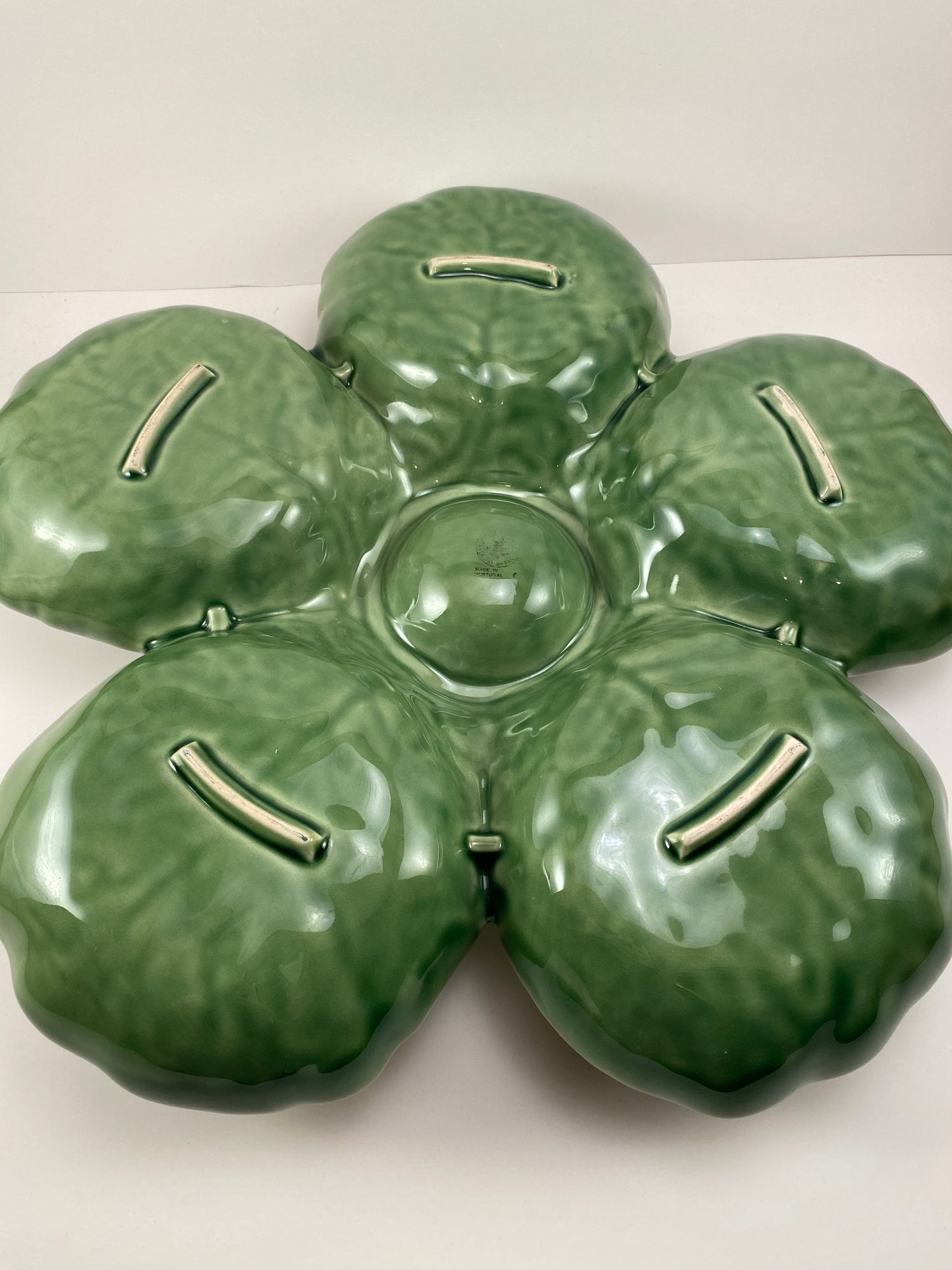 Bordallo Pinheiro Cabbage Green 6-Part Relish Dish, Divided Serving Dish and Centerpiece, made in Portugal.