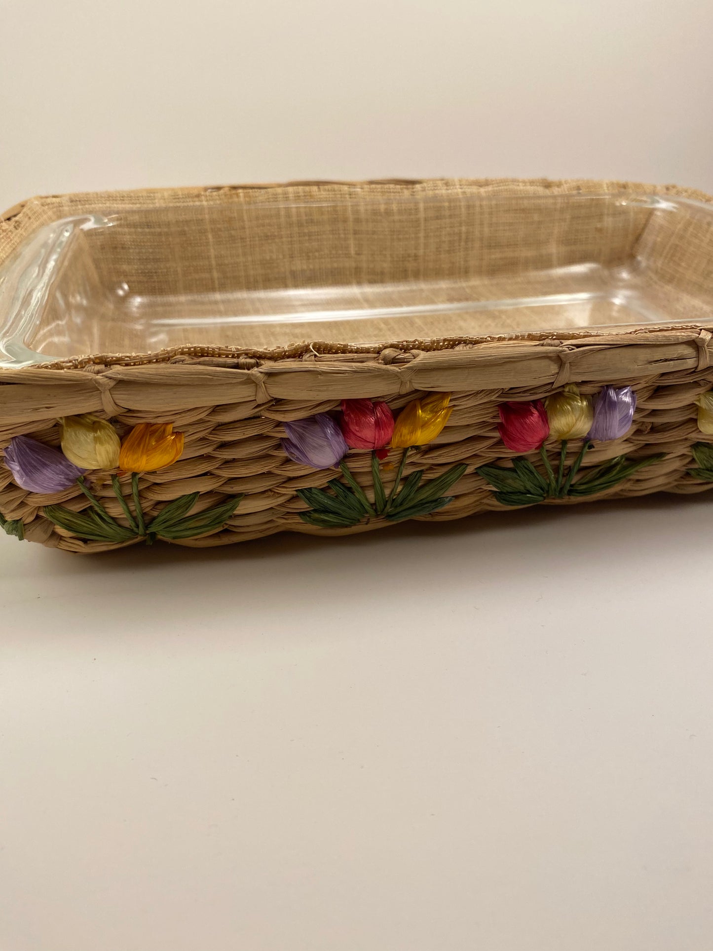 Vintage Seagrass Floral Raffia Pyrex Casserole Dish Basket Wicker 8x12” With Pyrex Casserole Dish