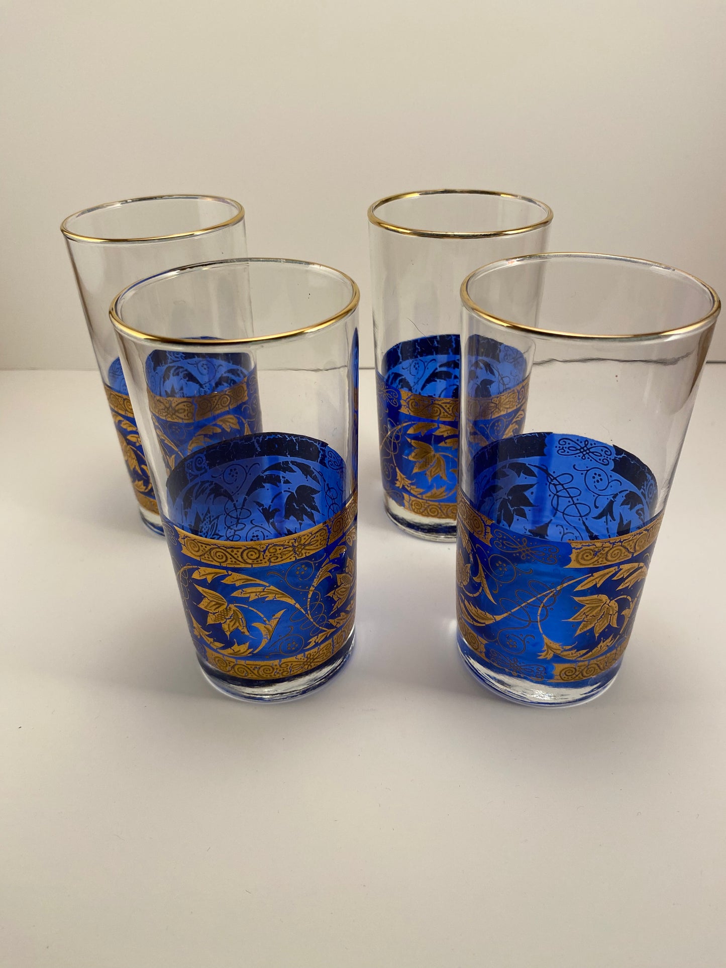 MCM Culver Cobalt Blue 22kt Gold Glasses 12 Oz Set Of 4