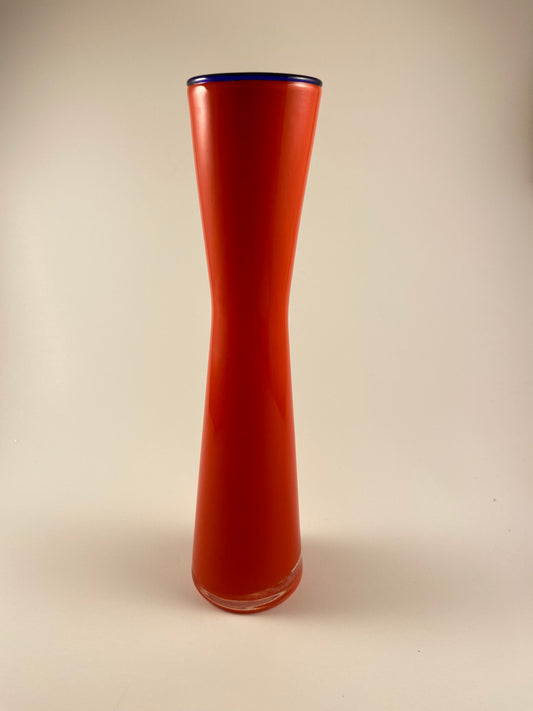 Red High Waisted 8inch tall Leonardo Puccini style vase with cobalt blue rim
