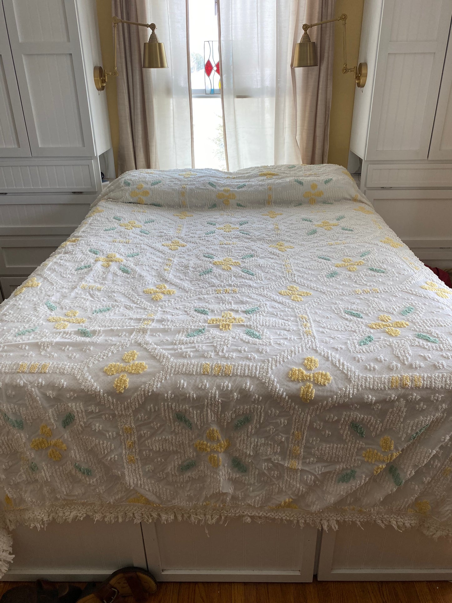 Vintage White Queen sized Chenille bead spread with yellow and green accents