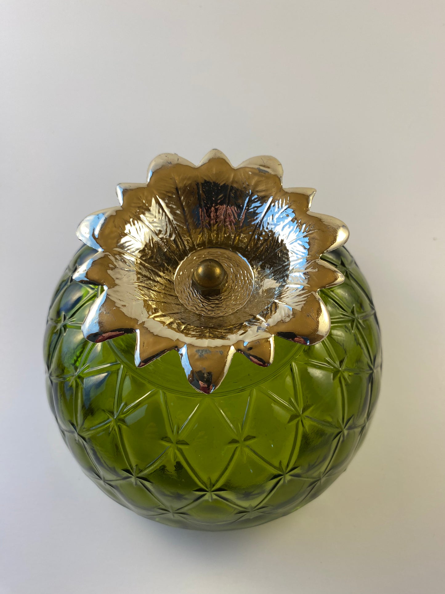 Indiana Glass Green Duette Quilted Rose Bowl with gold colored metal leaf pedestal