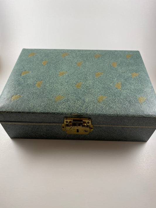 Teal jewelry box with gold velvet lining