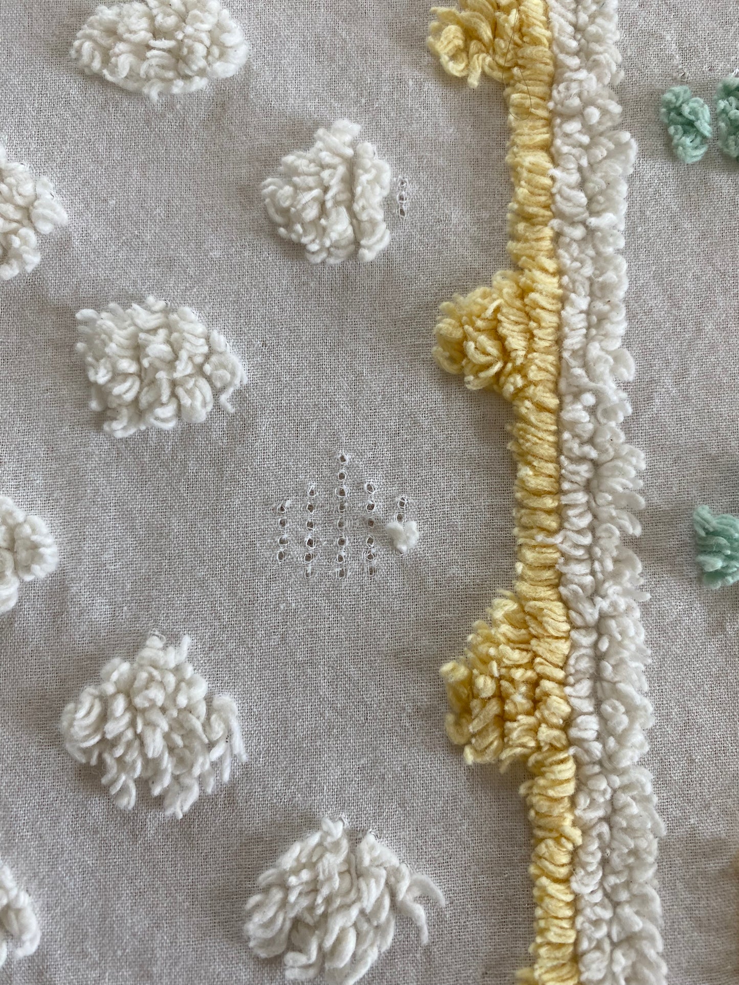 Vintage White, Green, Yellow Chenille Bedspread