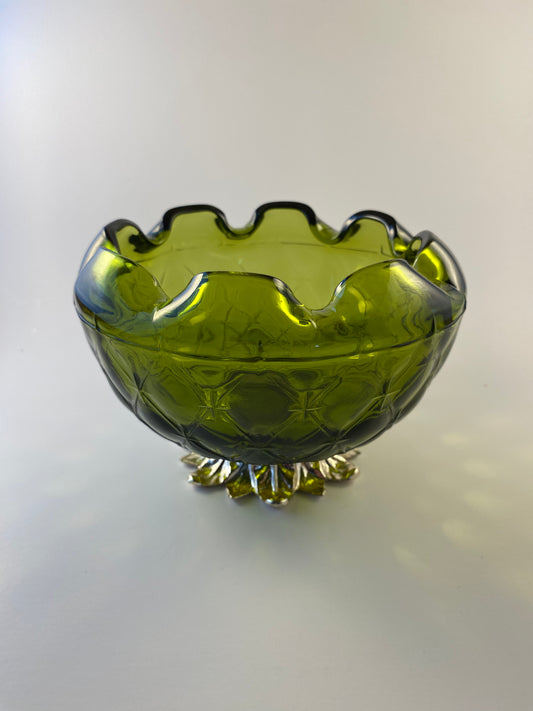 Indiana Glass Green Duette Quilted Rose Bowl with gold colored metal leaf pedestal