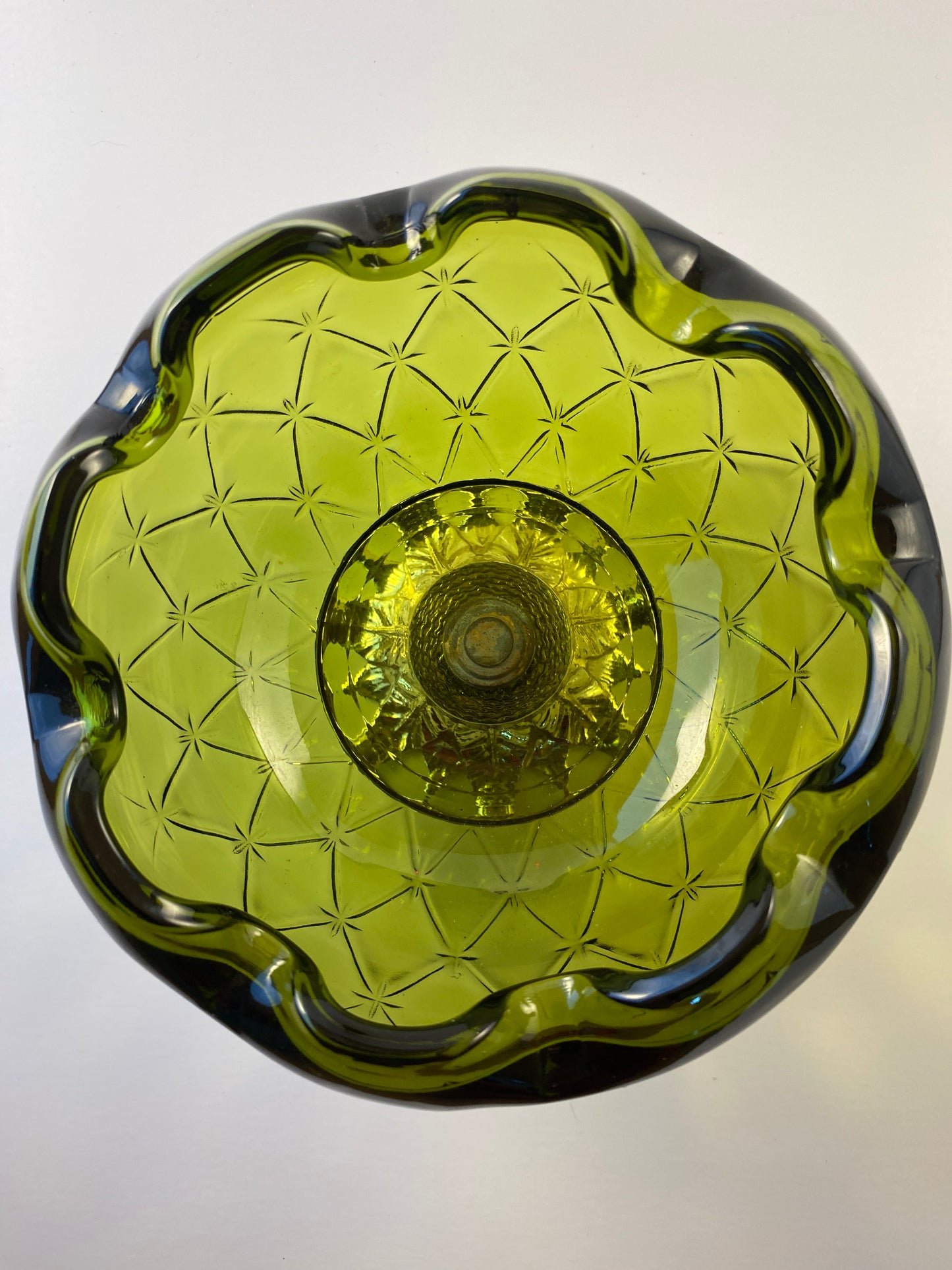 Indiana Glass Green Duette Quilted Rose Bowl with gold colored metal leaf pedestal