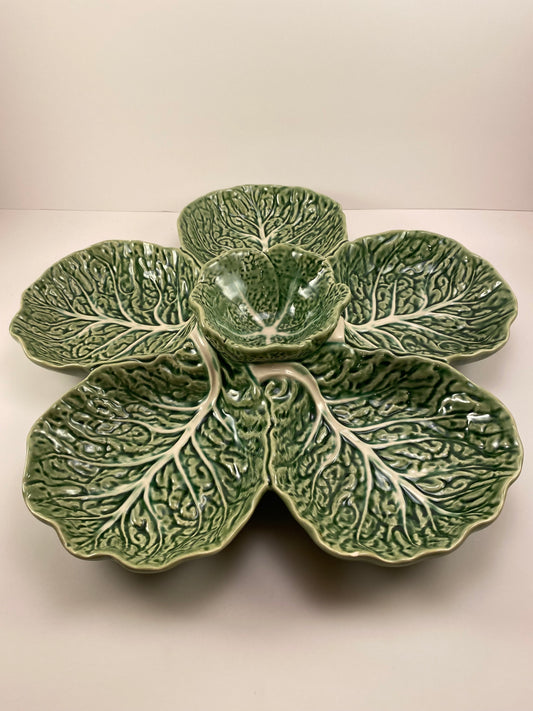 Bordallo Pinheiro Cabbage Green 6-Part Relish Dish, Divided Serving Dish and Centerpiece, made in Portugal.