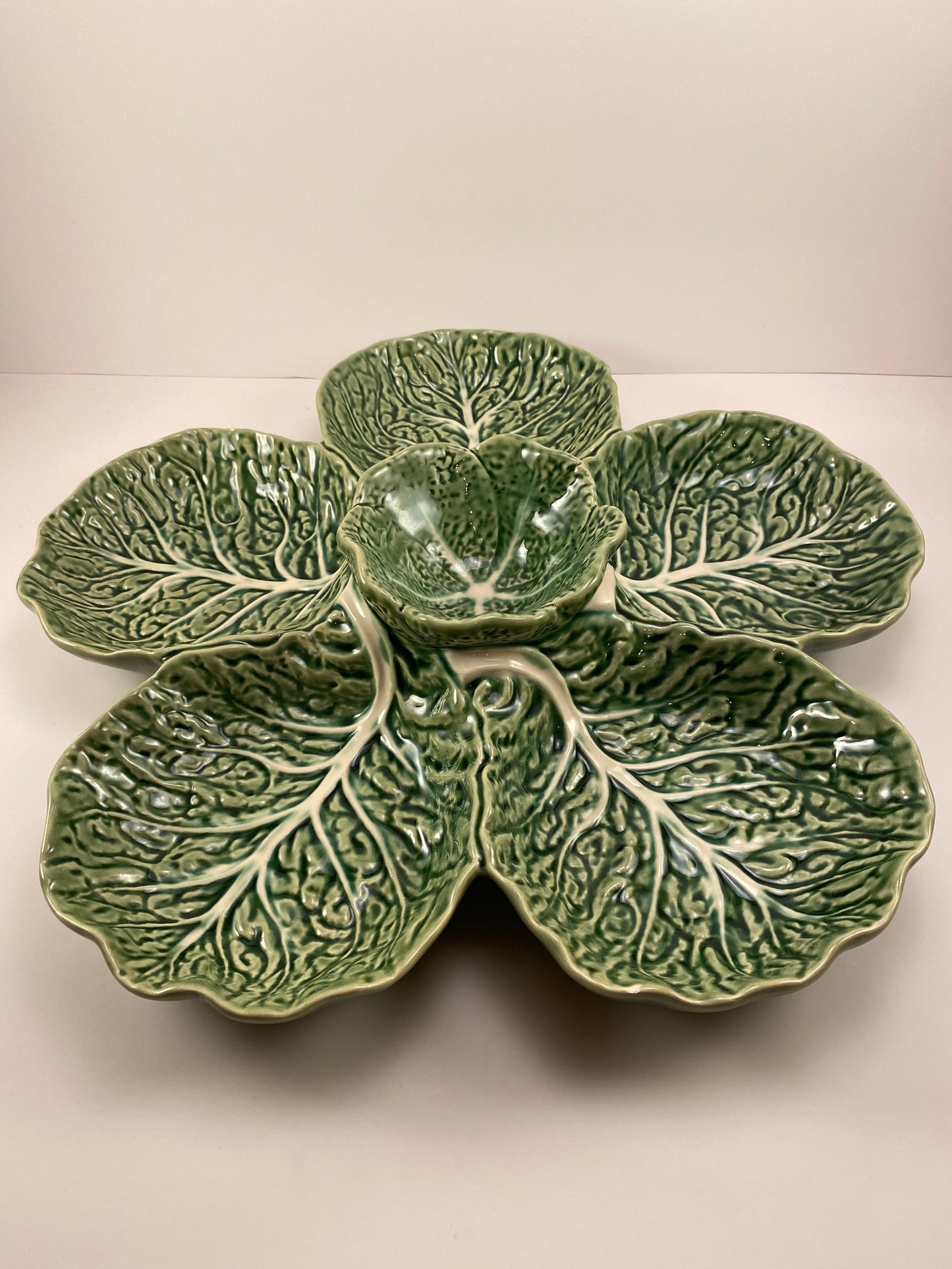 Bordallo Pinheiro Cabbage Green 6-Part Relish Dish, Divided Serving Dish and Centerpiece, made in Portugal.