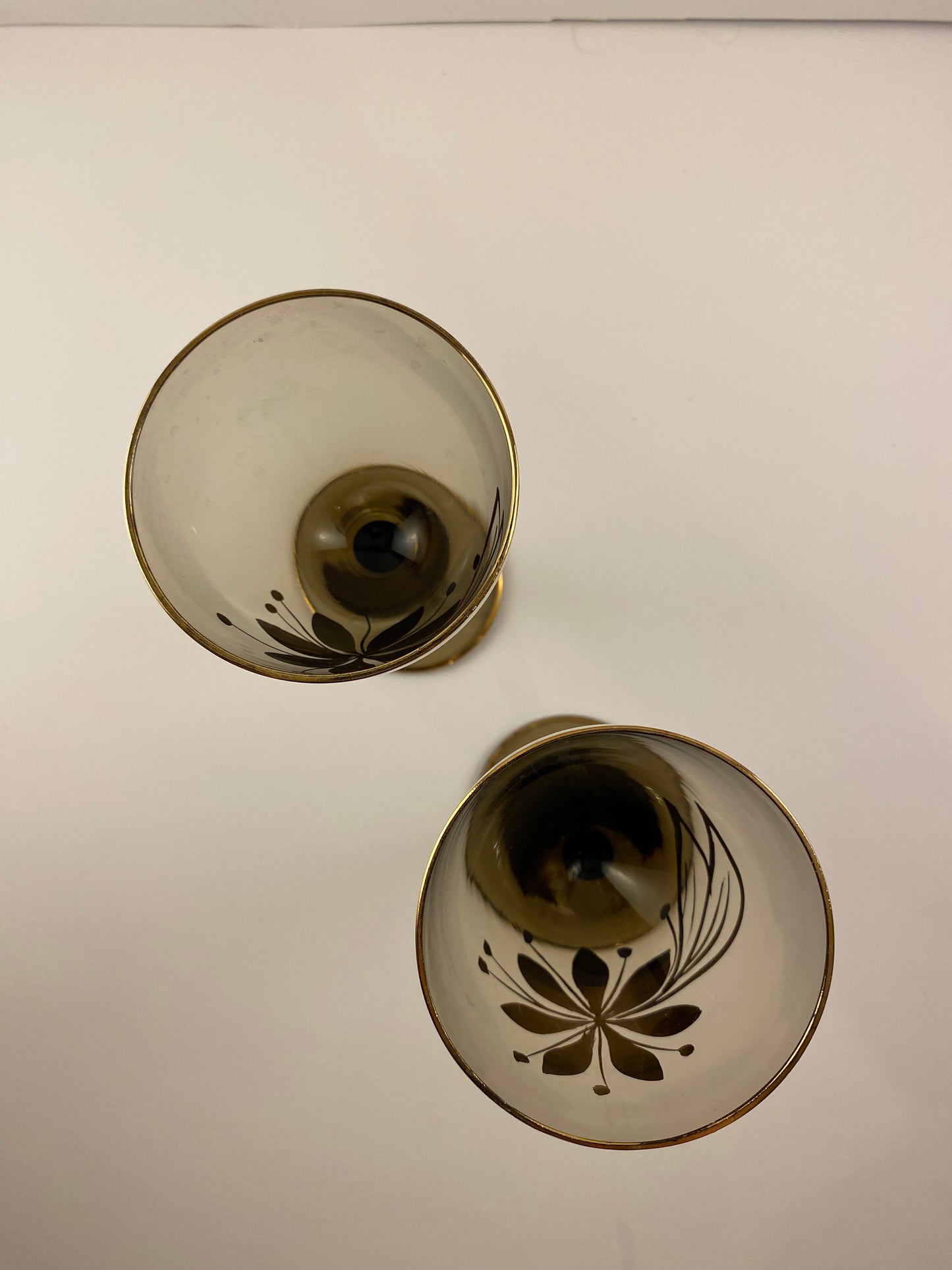 Vintage MCM wine glasses, Smokey Amber with gold foil flower design.  Set of 2