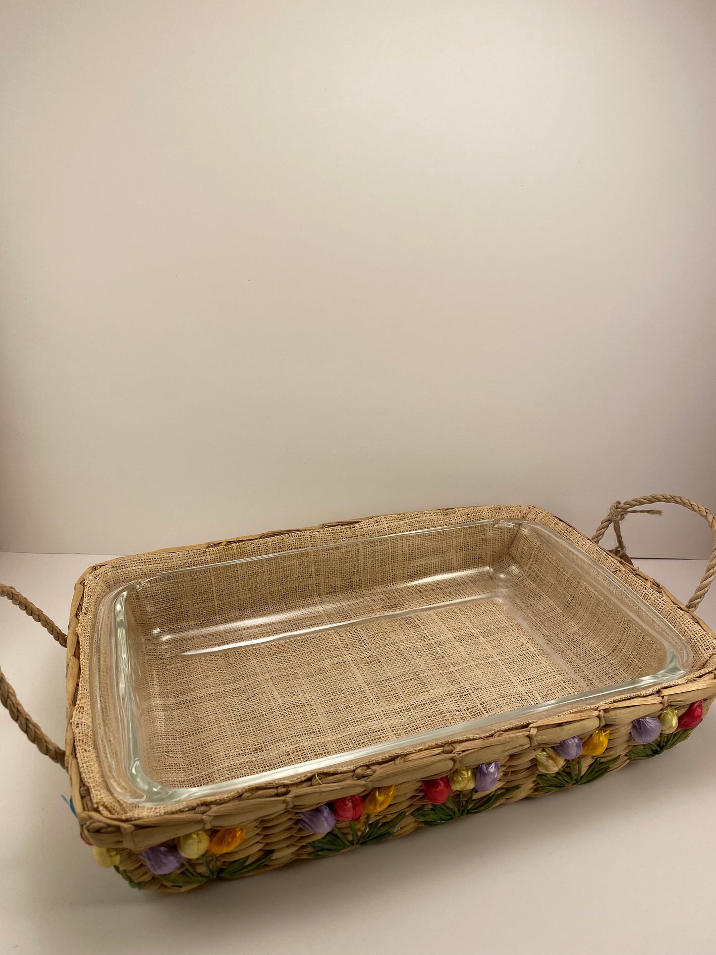 Vintage Seagrass Floral Raffia Pyrex Casserole Dish Basket Wicker 8x12” With Pyrex Casserole Dish