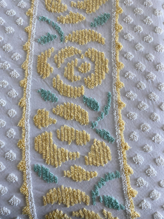 Vintage White, Green, Yellow Chenille Bedspread