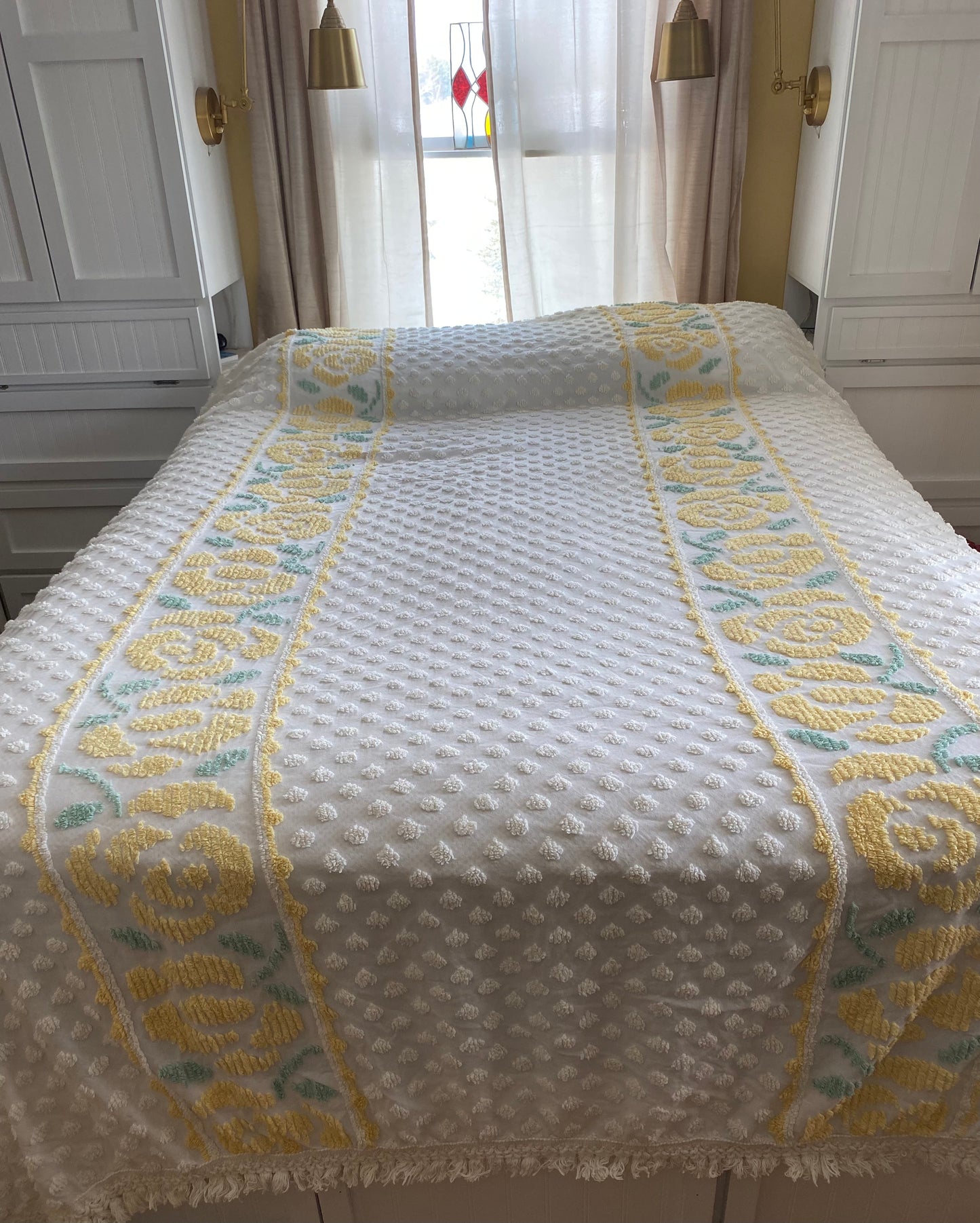 Vintage White, Green, Yellow Chenille Bedspread