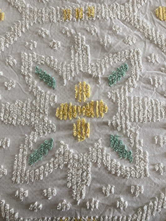 Vintage White Queen sized Chenille bead spread with yellow and green accents
